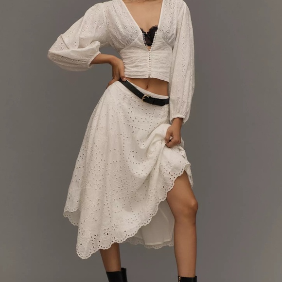 By Anthropologie EYELET ASYMMETRICAL MIDI SKIRT in Ivory - Picture 1 of 9